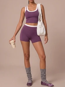 SHEIN BAE Women's Colorblock Top And Shorts Casual Daily Sports Set - Baby Pink - View 3