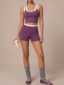 SHEIN BAE Women's Colorblock Top And Shorts Casual Daily Sports Set - Baby Pink - View 7