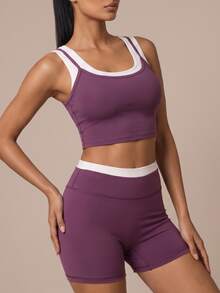 SHEIN BAE Women's Colorblock Top And Shorts Casual Daily Sports Set - Baby Pink - View 5