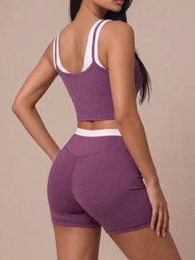 SHEIN BAE Women's Colorblock Top And Shorts Casual Daily Sports Set - Baby Pink - View 4