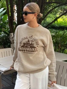 DAZY Women's Letter Pattern Casual Versatile Daily Wear Long Sleeve Sweater Fall - Khaki - View 6