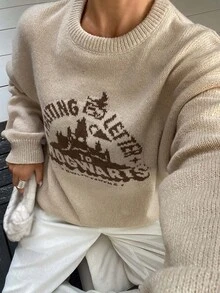 DAZY Women's Letter Pattern Casual Versatile Daily Wear Long Sleeve Sweater Fall - Khaki - View 1