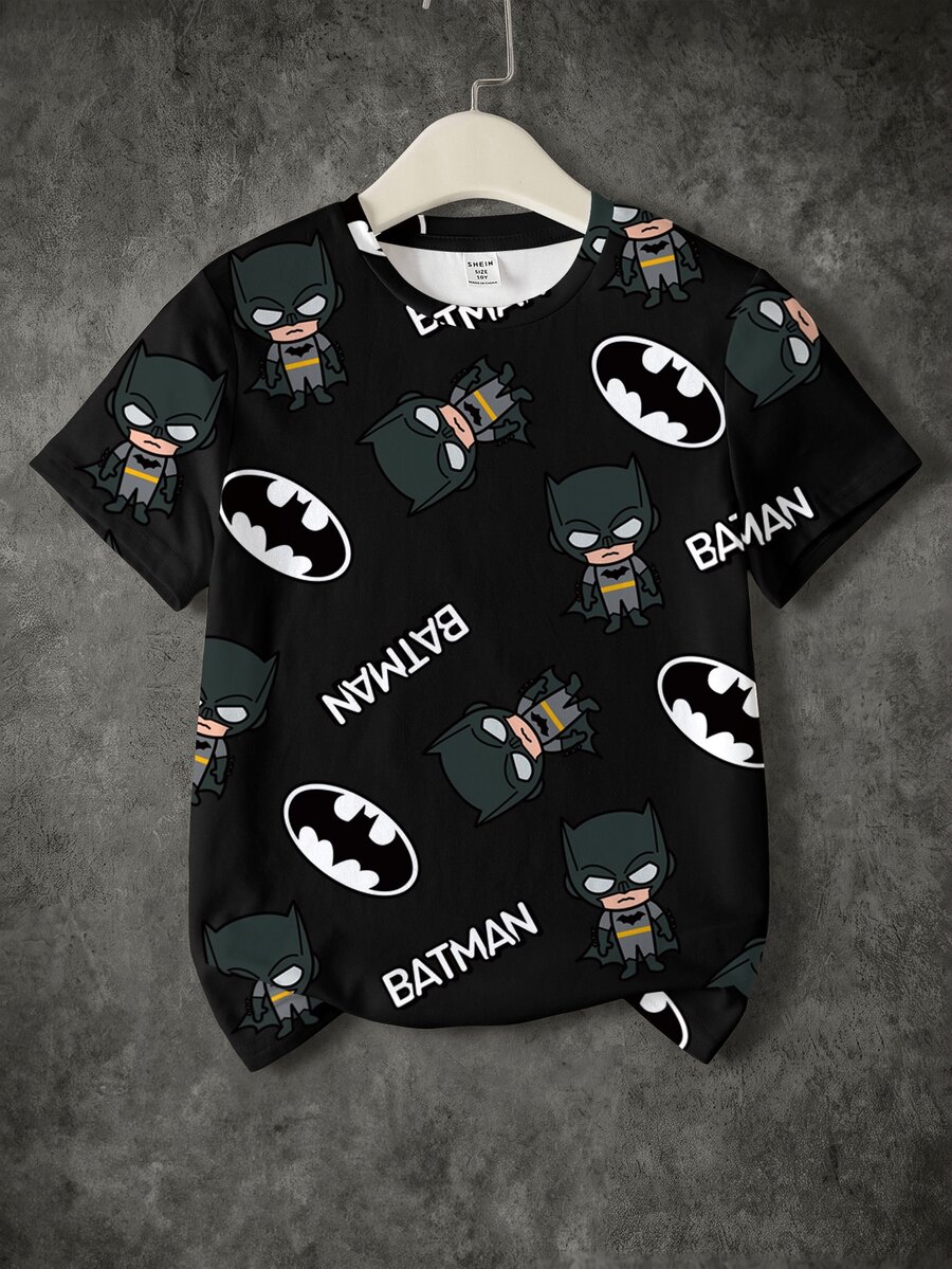 BATMAN X SHEIN Tween Boy Round Neck Short Sleeve T-Shirt, Daily Versatile, - White - View 1