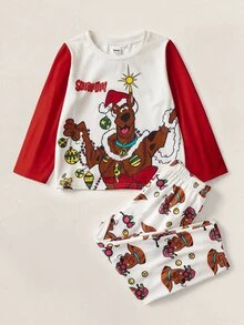 SCOOBY-DOO X SHEIN 2pcs/Set Young Boy Christmas Casual Cute Cartoon Dog & Letter Print Contrast Color Long Sleeve T-Shirt And Pants Set Fall Winter - Multicolor - View 1