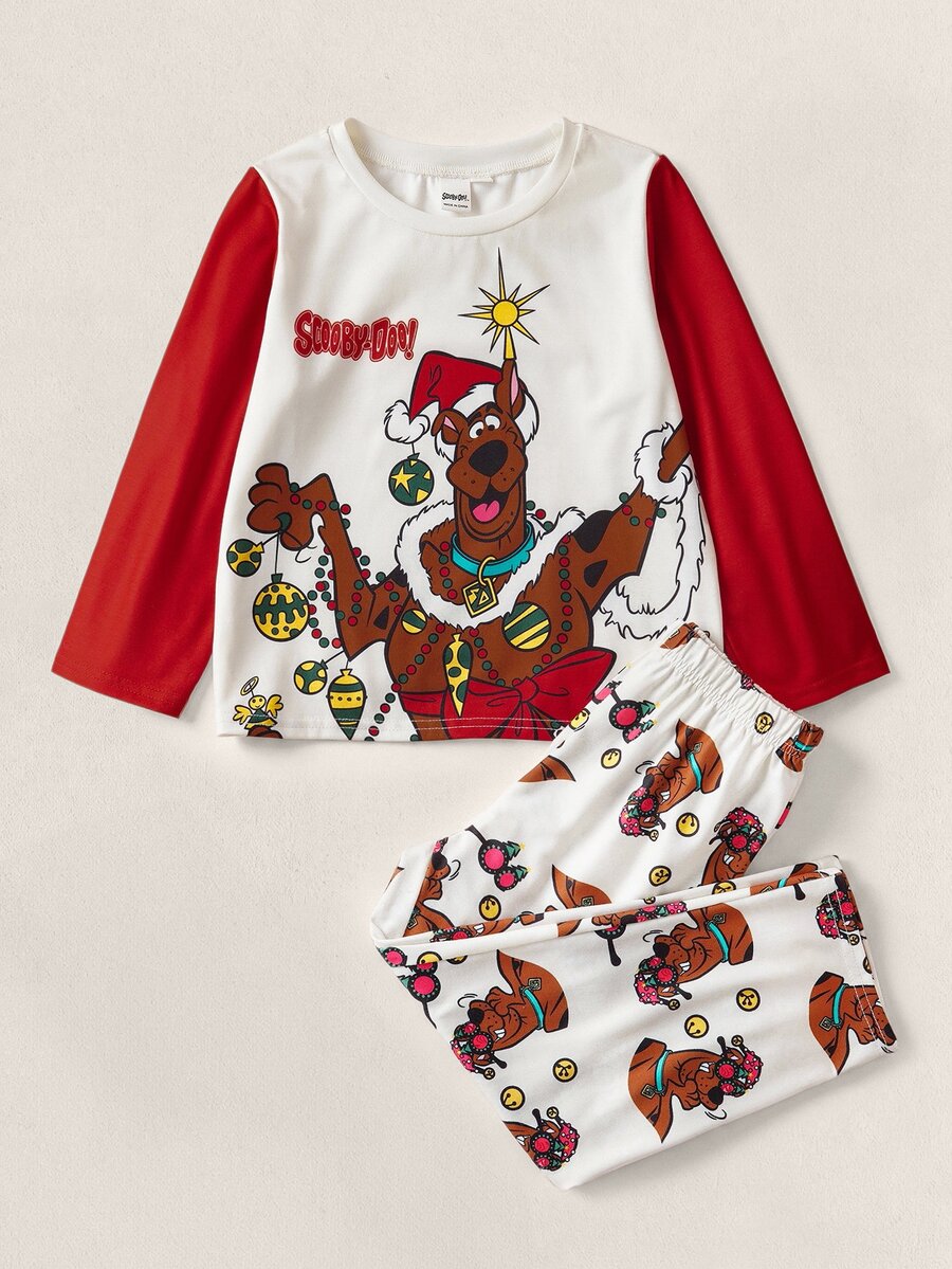 SCOOBY-DOO X SHEIN 2pcs/Set Young Boy Christmas Casual Cute Cartoon Dog & Letter Print Contrast Color Long Sleeve T-Shirt And Pants Set Fall Winter - Multicolor - View 1