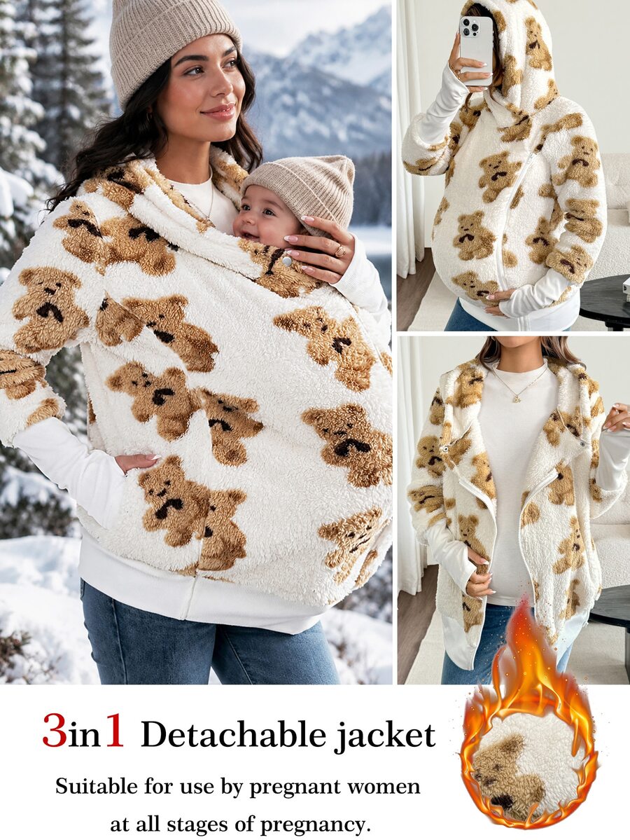 SHEIN 3-In-1 Jacquard Comfortable Zip-Up Hooded Jacket For Pregnant Women Fall Casual Sexy Loose Fit Smart Chic Oversize Office Photoshoot Maternity White - Multicolor - View 1