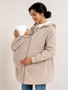 SHEIN Jaket Hamil Musim Dingin Berlapisan Termal dengan Tudung 3-in-1 - Khaki - View 3