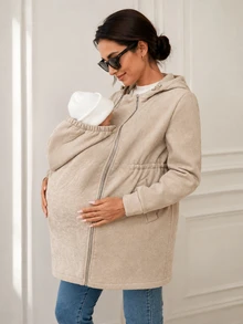 SHEIN Jaket Hamil Musim Dingin Berlapisan Termal dengan Tudung 3-in-1 - Khaki - View 11