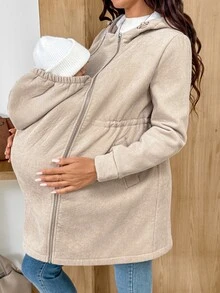 SHEIN Jaket Hamil Musim Dingin Berlapisan Termal dengan Tudung 3-in-1 - Khaki - View 9