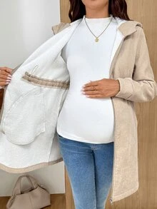 SHEIN Jaket Hamil Musim Dingin Berlapisan Termal dengan Tudung 3-in-1 - Khaki - View 12