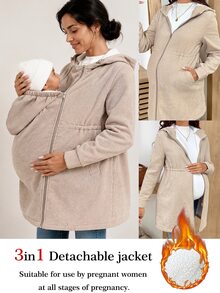 SHEIN Jaket Hamil Musim Dingin Berlapisan Termal dengan Tudung 3-in-1 - Khaki - View 1