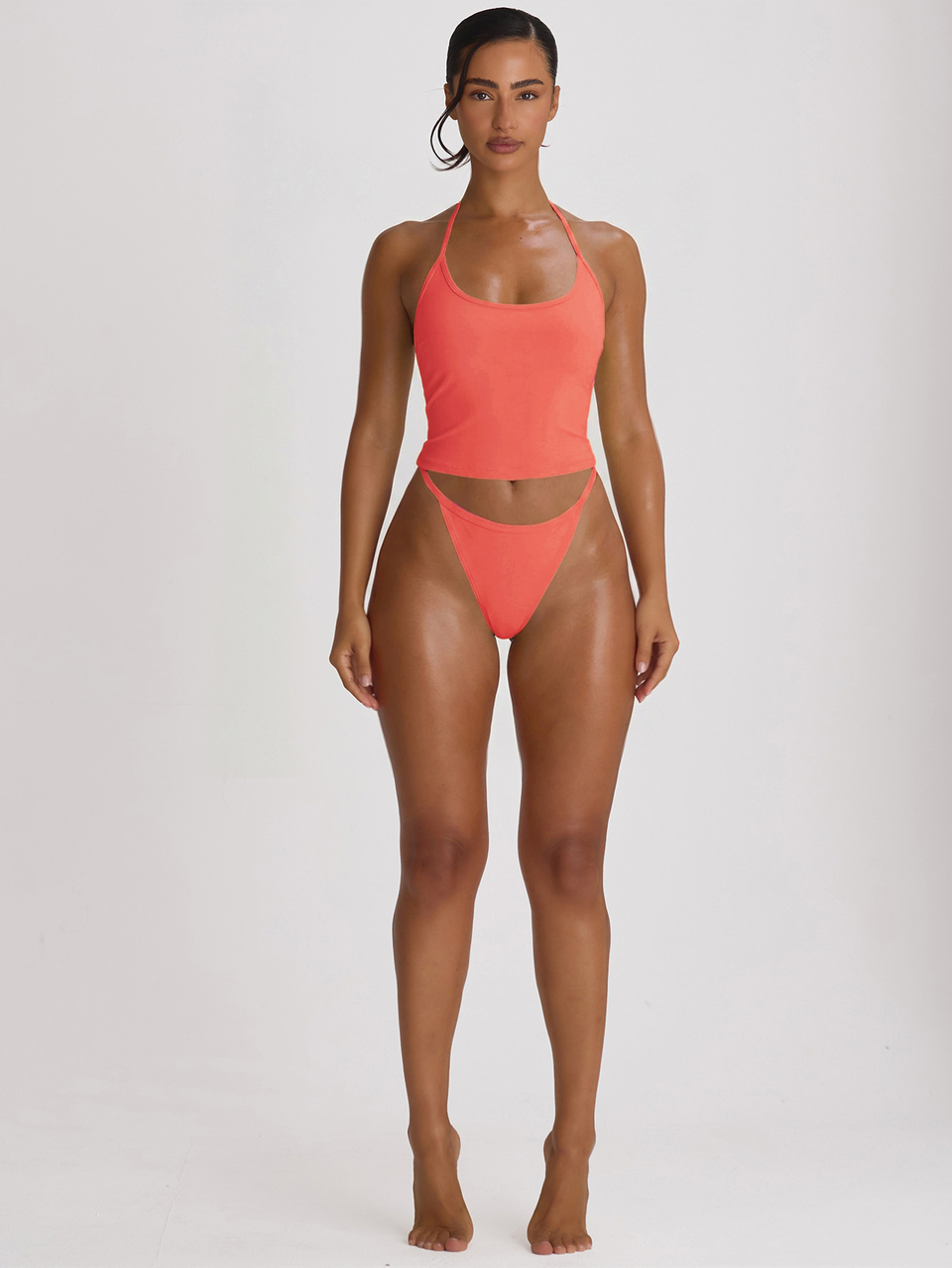 Maiô Bikini Tankini com Decote em Alça e Decote em Barco, Básico de Roupa de Praia para Férias, Viagens de Verão e Resorts, Cor Sólida