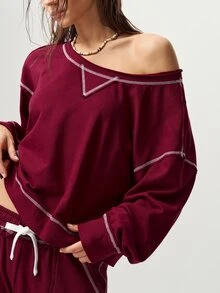 Bohemela 休閒純色針織圓領長袖寬鬆女款衛衣 - 酒紅色 - 查看 2