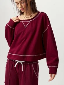 Bohemela 休閒純色針織圓領長袖寬鬆女款衛衣 - 酒紅色 - 查看 7