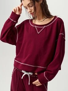 Bohemela 休閒純色針織圓領長袖寬鬆女款衛衣 - 酒紅色 - 查看 5