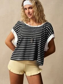 VARSIVA 女款條紋拼色休閒日常戶外運動T恤 - 黑色 - 查看 5