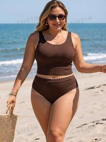 SHEIN Swim Plus Size Contrast Color Trim Summer Beach Bikini Top - Coffee Brown - View 2