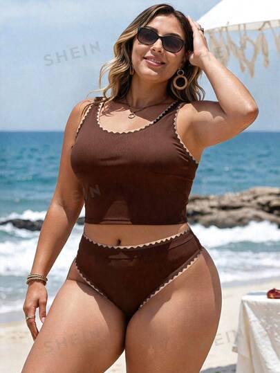 Swim Lushoire Top de Maiô Bikini de Praia de Verão com Recorte Contrastante em Plus Size