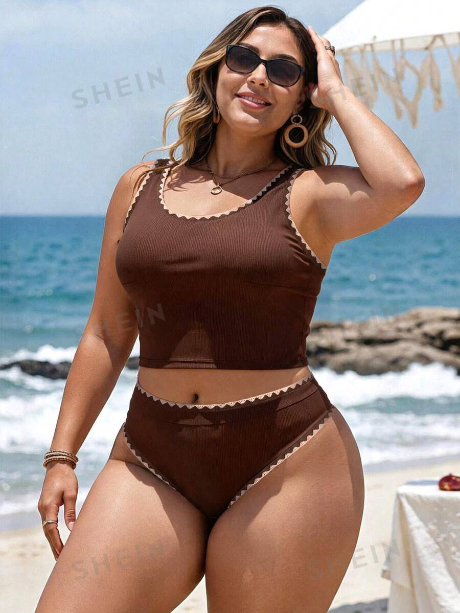 SHEIN Swim Plus Size Contrast Color Trim Summer Beach Bikini Top - Coffee Brown - View 1