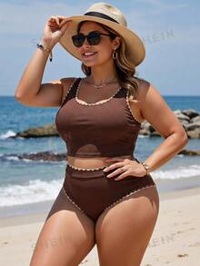 SHEIN Swim Plus Size Contrast Color Trim Summer Beach Bikini Top - Coffee Brown - View 3