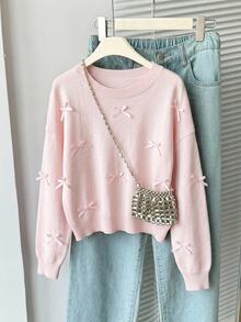 SHEIN 8-12 Years Old Girls Light Pink Round Neck Loose Drop Shoulder Short Knit Sweater With All-Over 3D Satin Bow Decor Long Sleeve Pullover Top, Soft And Sweet For Campus, Outings, Photos, Spring And Autumn - Pink - View 9