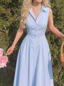 SHEIN MOD 條紋印花前開鈕扣襯衫洋裝 - 藍色 - 查看 4