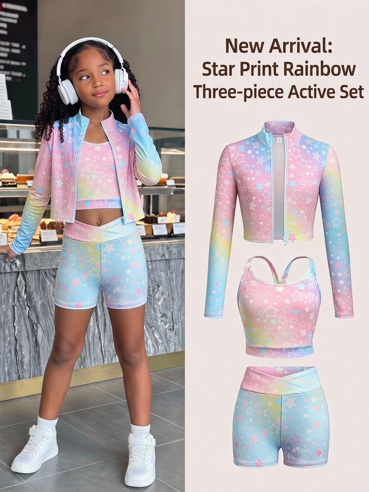 Tween Girl Rainbow Printed Long Sleeve Mock Neck Zip-Up T-Shirt Camisole & Bike Shorts 3Pcs Set - Multicolor - View 14
