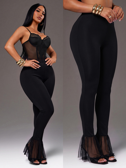 Radiana Legging Kasual Seksi Unik Hitam dengan Detail Ruffle di Bagian Bawah, Legging dengan Bagian Bawah Mengembang, Celana Panjang Hitam Elastis Tinggi untuk Makan Malam di Musim Panas