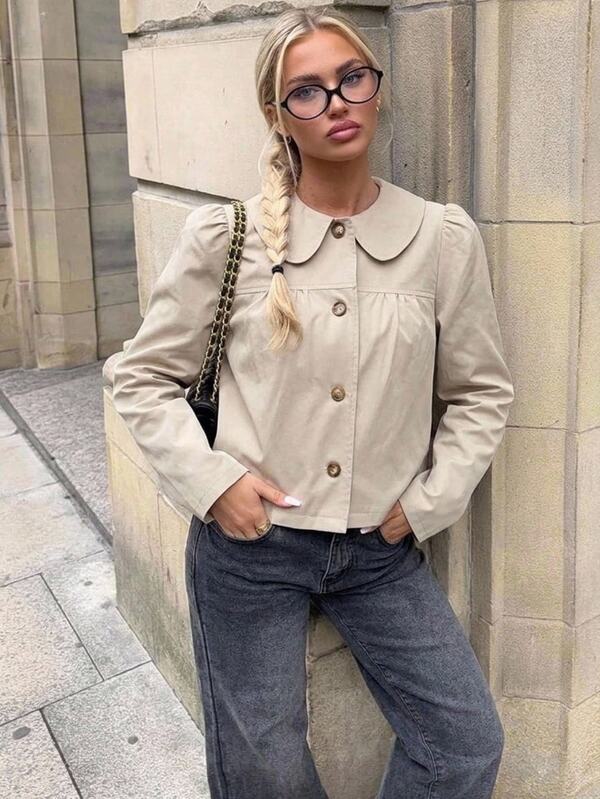 Aloruh Khaki Romantic Cute Vacation Autumn/Winter Peter Pan Collar A-Line Petal Sleeve Short Trench Coat Jacket For Women