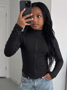 SHEIN 青少年女孩秋冬休閒經典黑色收腰前拉鍊立領針織夾克，青春時尚穿搭，適合返校季、日常穿著，黑色返校夾克，黑色運動夾克 - 黑色 - 查看 3