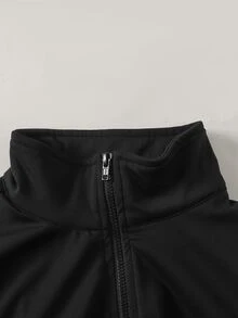 SHEIN 青少年女孩秋冬休閒經典黑色收腰前拉鍊立領針織夾克，青春時尚穿搭，適合返校季、日常穿著，黑色返校夾克，黑色運動夾克 - 黑色 - 查看 6