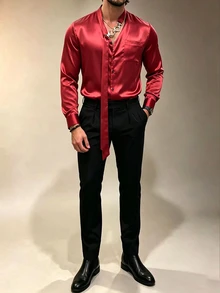 ZURIURI Men's Elegant Casual Solid Color Ribbon Shirt - Burgundy - View 5