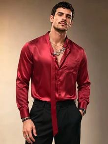 ZURIURI Men's Elegant Casual Solid Color Ribbon Shirt - Burgundy - View 2