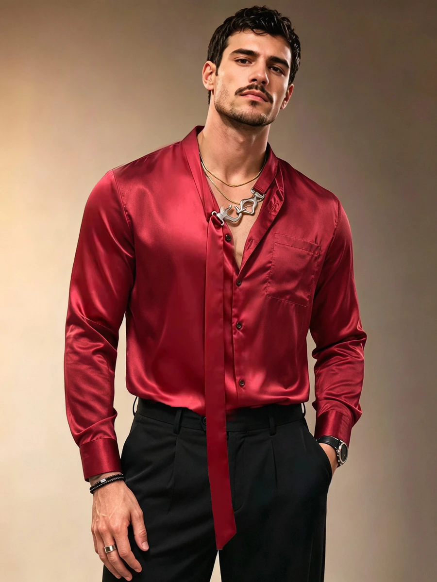 ZURIURI Men's Elegant Casual Solid Color Ribbon Shirt