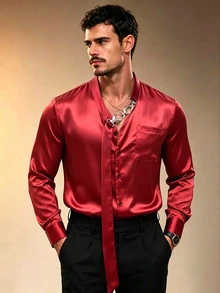ZURIURI Men's Elegant Casual Solid Color Ribbon Shirt - Burgundy - View 4
