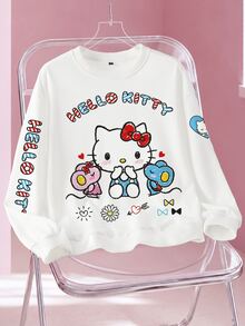 HELLO KITTY AND FRIENDS | SHEIN Plus Size Women's Round Neck Cartoon Print Casual Daily Long Sleeve Sweatshirt Fall - White - View 1