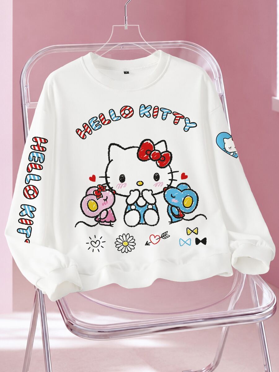 HELLO KITTY AND FRIENDS | SHEIN Plus Size Women's Round Neck Cartoon Print Casual Daily Long Sleeve Sweatshirt Fall - White - View 1