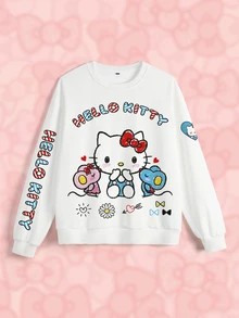 HELLO KITTY AND FRIENDS | SHEIN Plus Size Women's Round Neck Cartoon Print Casual Daily Long Sleeve Sweatshirt Fall - White - View 7