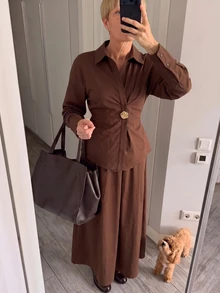 Omancia Women's Metal Decor Long Sleeve Shirt And Skirt Elegant Two Pieces Set - Chocolate Brown - View 6