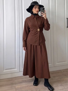 Omancia Women's Metal Decor Long Sleeve Shirt And Skirt Elegant Two Pieces Set - Chocolate Brown - View 5