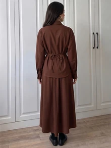 Omancia Women's Metal Decor Long Sleeve Shirt And Skirt Elegant Two Pieces Set - Chocolate Brown - View 3