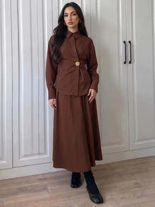 Omancia Women's Metal Decor Long Sleeve Shirt And Skirt Elegant Two Pieces Set - Chocolate Brown - View 2