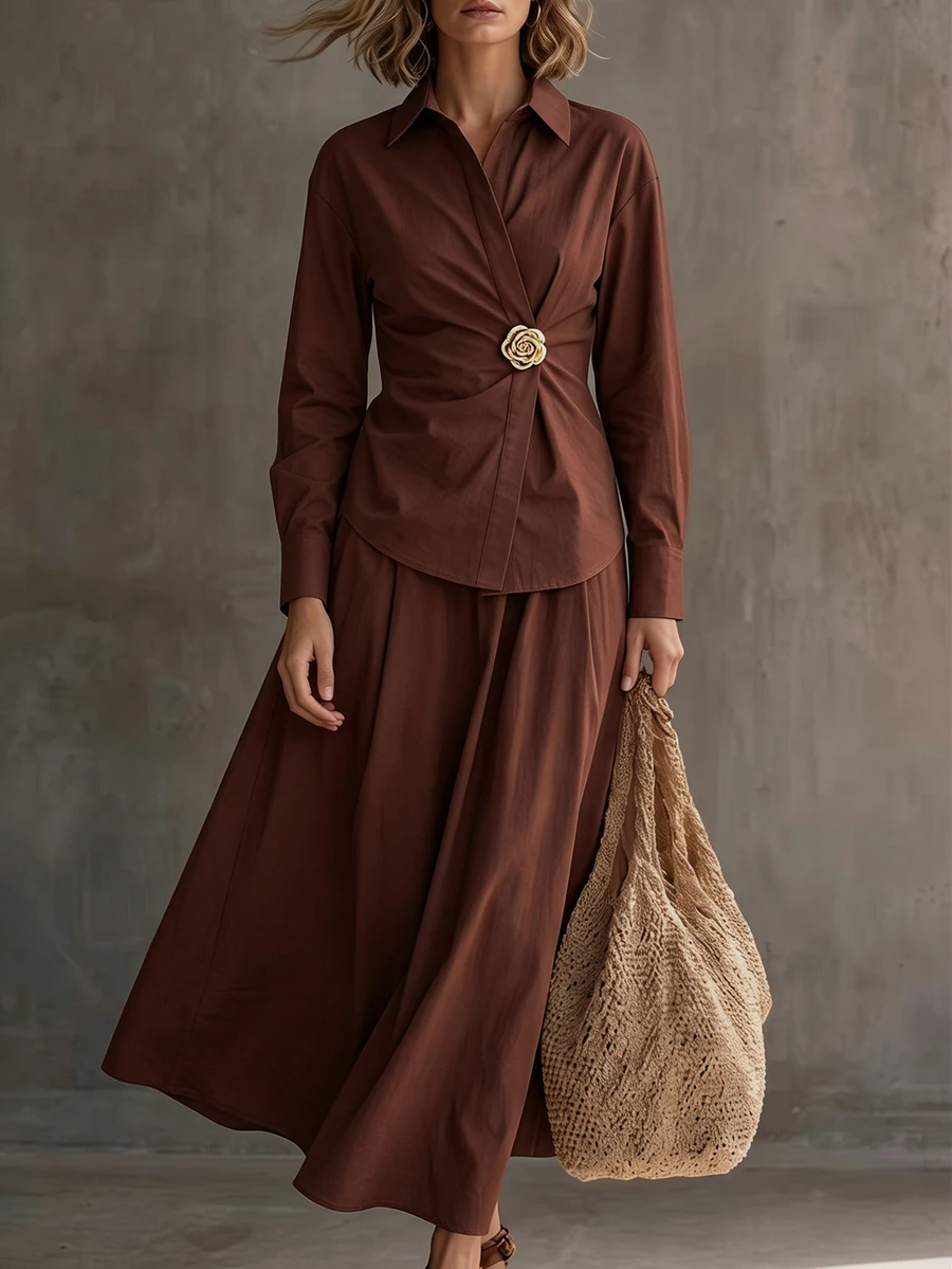 Omancia Women's Metal Decor Long Sleeve Shirt And Skirt Elegant Two Pieces Set - Chocolate Brown - View 1