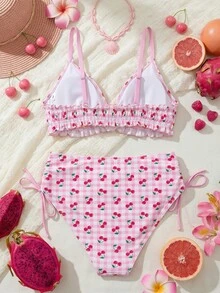 Swim Mod 大尺碼女款 2 件式泳衣套裝，甜美可愛粉色櫻桃印花前綁帶荷葉邊下擺，日系可愛度假穿搭，適合白色夏季海灘假期 - 粉色 - 查看 3