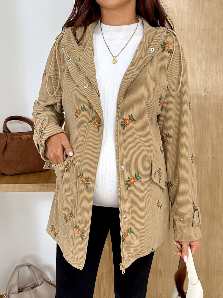 SHEIN Maternity Floral Embroidered Zipper Front Hooded 3-In-1 Jacket - Brown - View 7