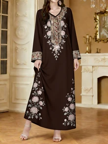 SHEIN Najma 女士彩色藤蔓图案数码印花蓝色V领长袖优雅阿拉伯风长连衣裙，春秋季 - 彩色 - 查看 6