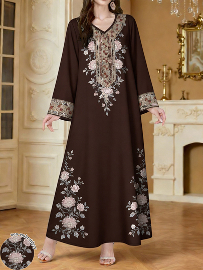 SHEIN Najma Robe maxi élégante à manches longues et col V bleu avec imprimé numérique de motif de vigne coloré, pour le printemps/automne
