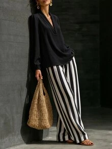 SHEIN Women's Black Long Sleeve Shirt & Striped Pants Casual Set, Daily Commute Work Outfit, Autumn 2-Piece Set, Linen Set, Black & White Set, Old Money Style - Black and White - View 4