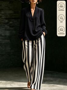 SHEIN Women's Black Long Sleeve Shirt & Striped Pants Casual Set, Daily Commute Work Outfit, Autumn 2-Piece Set, Linen Set, Black & White Set, Old Money Style - Black and White - View 3