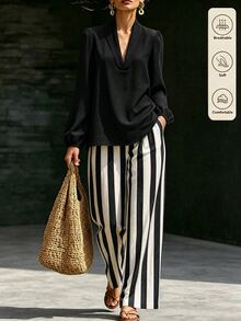 SHEIN Women's Black Long Sleeve Shirt & Striped Pants Casual Set, Daily Commute Work Outfit, Autumn 2-Piece Set, Linen Set, Black & White Set, Old Money Style - Black and White - View 1